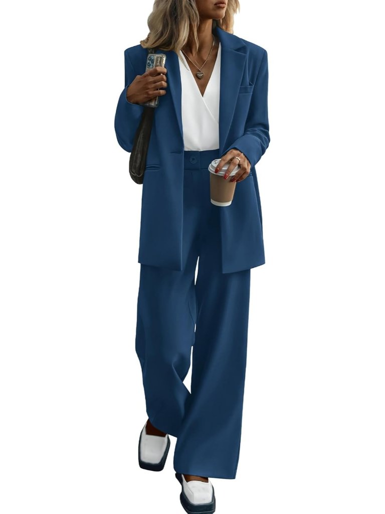 Women's Blue Fall 2 Piece Blazer Set Casual Loose Long Blazer Jackets Pant Suit